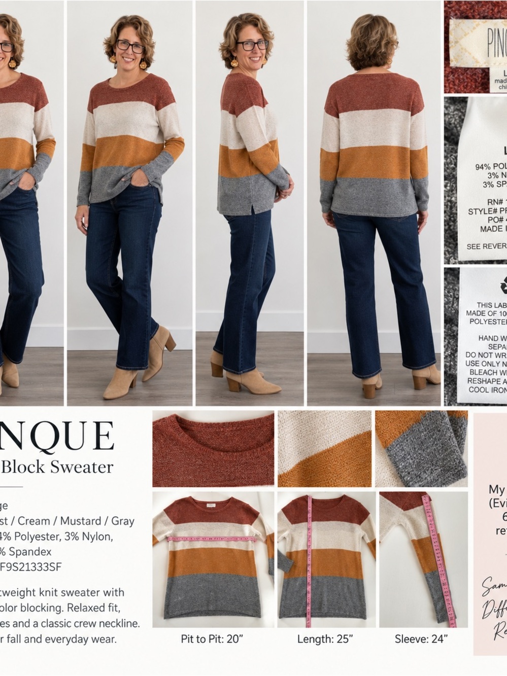 Classic Colorblock Crewneck Sweater — Rust, Cream & Mustard